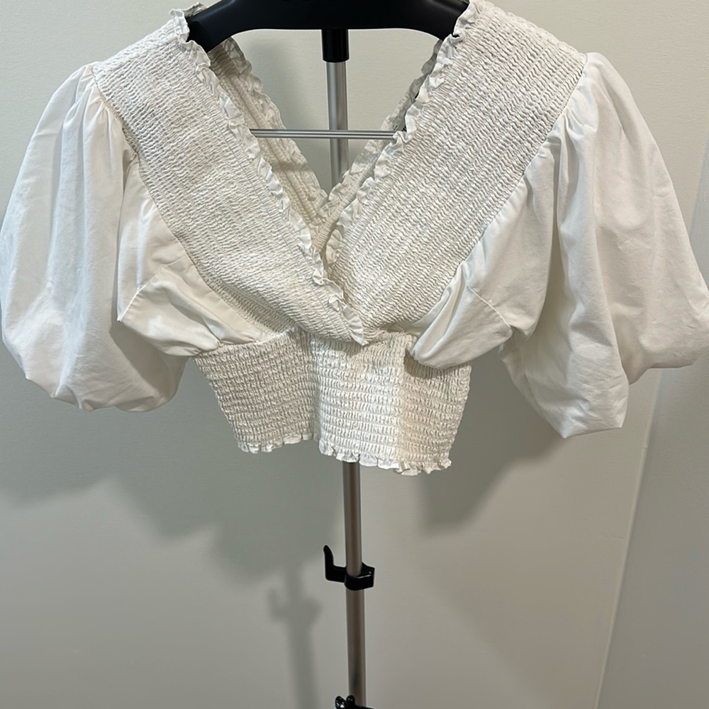 Smocked Poplin Puff Sleeve Top